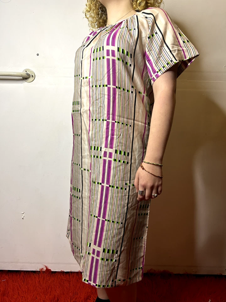 Vestido ajustado vintage años 70 escote recogido manga corta estampado geométrico AU 14 Foto 2 de 4