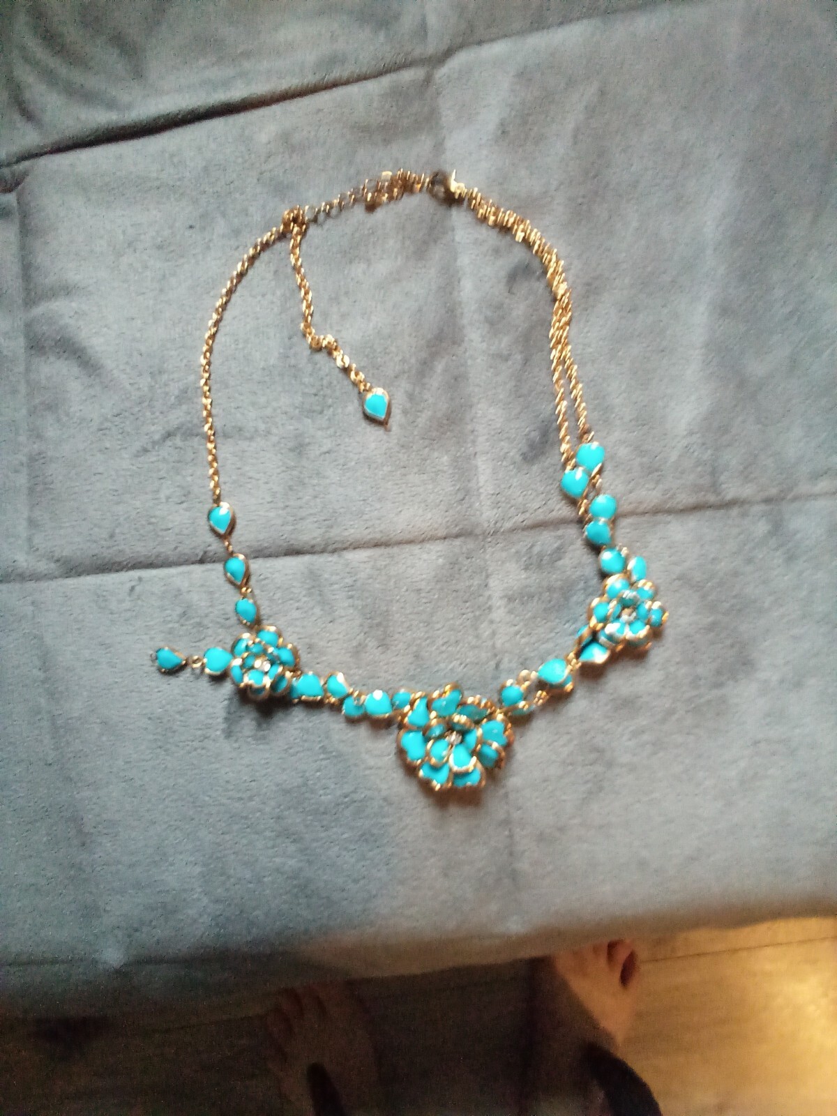 Gold Tone Faux Turquoise Flowers Chunky Statement Necklace