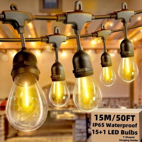 Outdoor String Lights 15m 50ft 15 LED Bulbs IP65 Festoon Waterproof 2700K E27