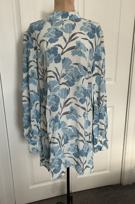 Keepsake the Label Silk Long Balloon Sleeve Floral Shift Mini Dress Blue Sz L