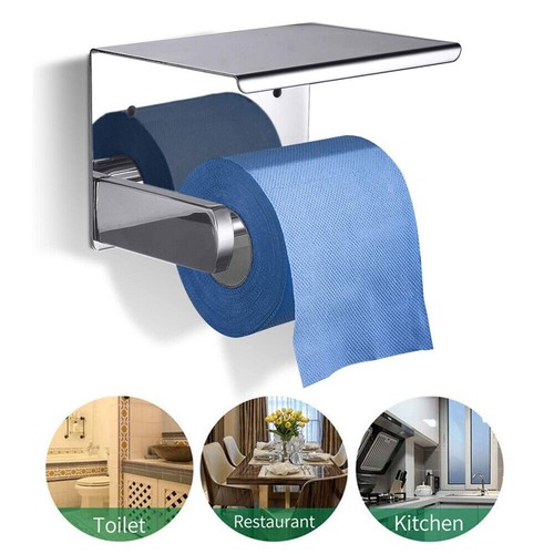 Bathroom Toilet Paper Roll Holder Wall-Mounted With Mobile Phone Storage Shelf - Picture 6 of 12