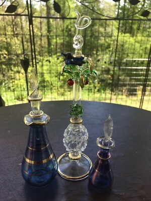 Egyptian Empty Mouthblown Blue Perfume Bottles (Set of 3) Kemet Art 3,5,8 Inches