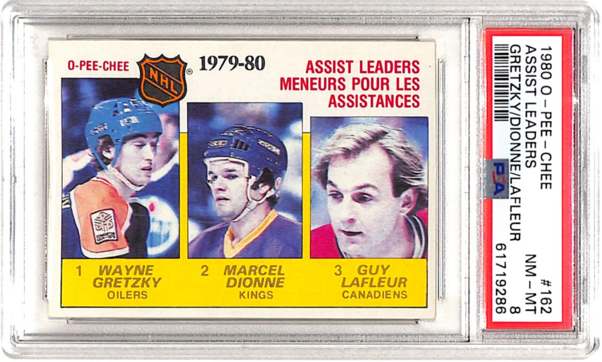 1980-81 O-Pee-Chee Gretzky / Dionne / Lafleur Assist Leaders #162 HOF PSA 8