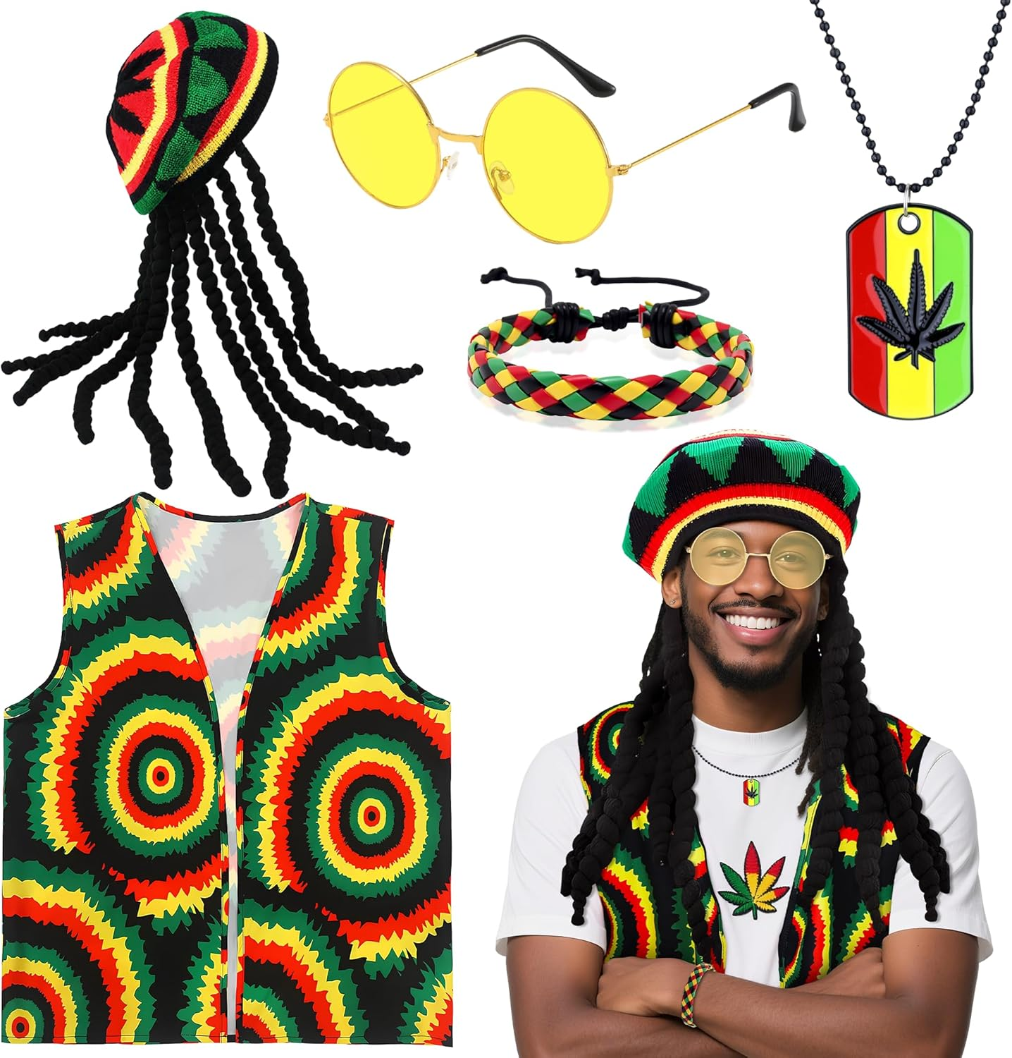 5 Pcs Reggae Fancy Dress Costume Accessories, Jamaican Rasta Costume with Rasta