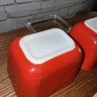 Lot of 2 Vintage PYREX 501 B Red & White Refrigerator Dish ~ 1 lid