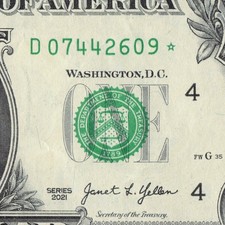 Series 2021 Star Note D Cleveland 3.2 M Pack Run $1 Dollar Bill FW D07442609*