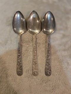 S KIRK & SON STERLING SILVER REPOUSSE LARGE TABLE SPOONS 3PCS 8 1/4" 226.6 GRMS