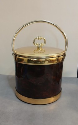 Kraftware MCM Ice Bucket Reddish Faux Leathe w/Gold Trim & Brass Lid