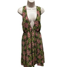 House of Harlow halter plunge mini dress linen blend tie back boho women’s L