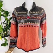 Eddie Bauer Warm Tidings Orange Fair Isle Cotton Sweater Womens Size Petite Med
