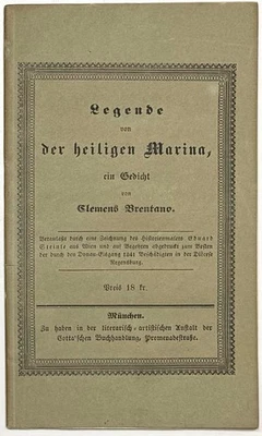 1841 LEGENDE VON DER HEILIGEN MARINA BRENTANO STEINLE 1ST EDITION COTTA GERMAN - Image 1 of 4