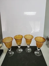 4 Artland Iris Amber Water Goblets Set Bubble Clear Stemware Drink Glasses