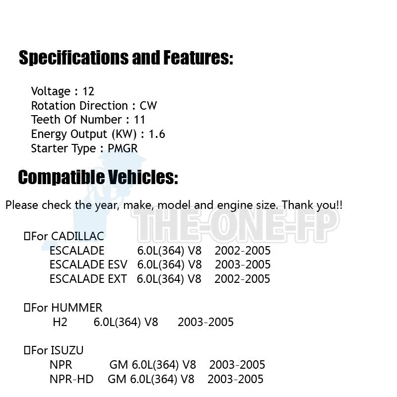 Arranque para Chevy GMC Silverado Sierra Hummer H2 6.0L SDR0097 10465550 6492 Foto 3 de 4