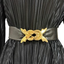 80s Black Leather Cinch Belt with Gold Buckle Size Large