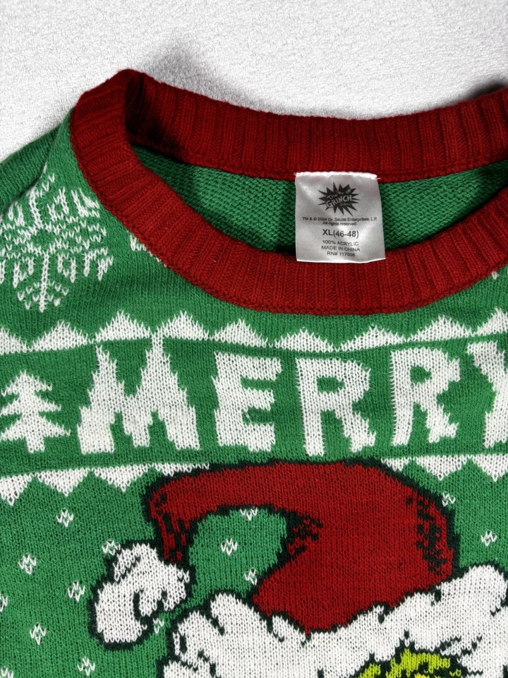The Grinch Dr Suess Size XL Merry Christmas Sweater Green Red Holiday - Image 3 of 4