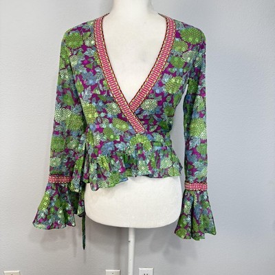 Alexis Shirt Women's Stacia Small Green Purple Floral Wrap Peplum Bell Sleeve