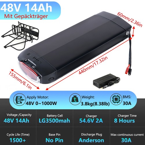 ebike batterie 36V 48V 20Ah Gepäckträger Akku für 0~1500W Elektrofahrrad 26"~28" - Bild 20 von 29