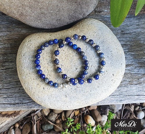 Pulseras elásticas hechas a mano con plata de ley y lapislázuli - cuentas de 6 mm - Imagen 7 de 10