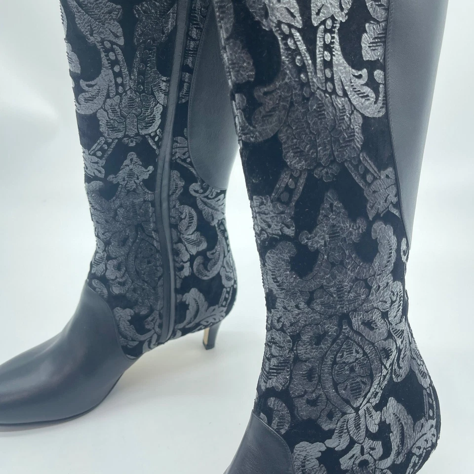 Moon D'elle Calante Negro Floral Terciopelo Botas Tacón Alto Hechas en Italia 37.5 Foto 3 de 4