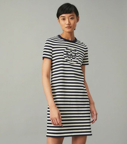 Tory Burch STRIPE LOGO T SHIRT DRESS Navy Size Medium M (Neu mit Etikett)