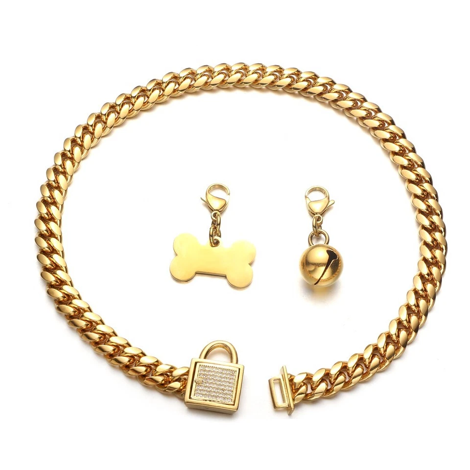 Collar de perro cadena de eslabones cubanos de acero inoxidable tono dorado de 10/14/18 mm para perros S,M,L Foto 3 de 4