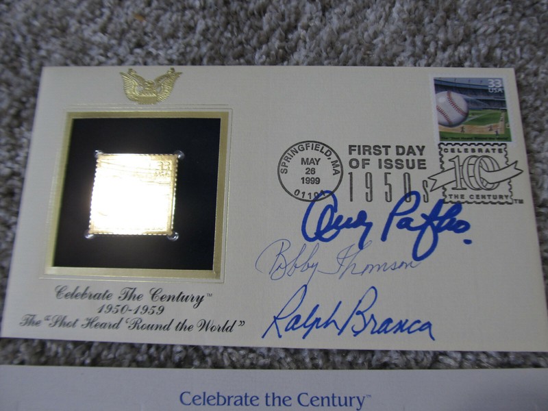 Shot "Heard 'Round the World" Golden Replica Stamp Signed by Thomson, Branca +  