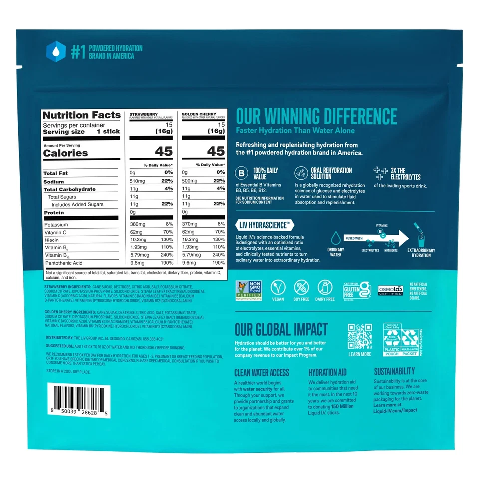 Liquid I.V. Multiplicador de hidratación 26/30 paquetes de varillas individuales para servir Foto 3 de 4