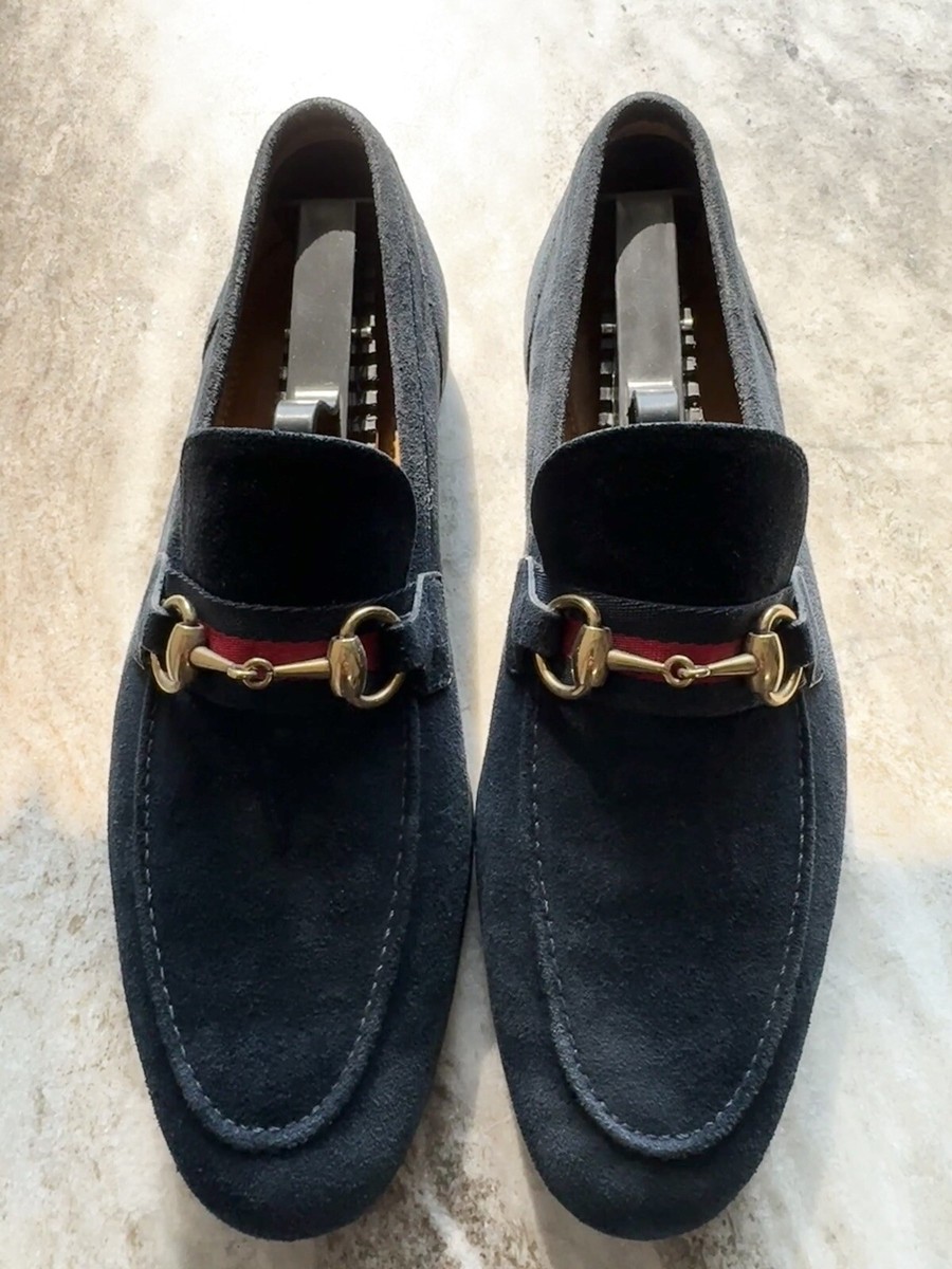 GUCCI Jordaan Horsebit Navy Blue Suede Web Loafers 6.5 / 7 
