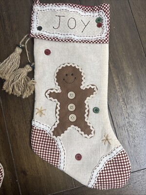 Christmas Stocking Gingerbread Man Rustic JOY Burlap Twine Buttons Cottage Farm