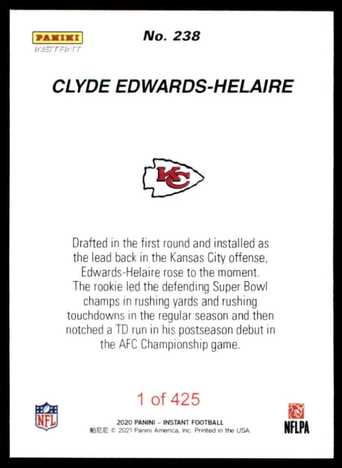 Clyde Edwards-Helaire 2020 Panini Instant Kansas City Chiefs #238 Chiefs AFC Cha - Image 2 of 2