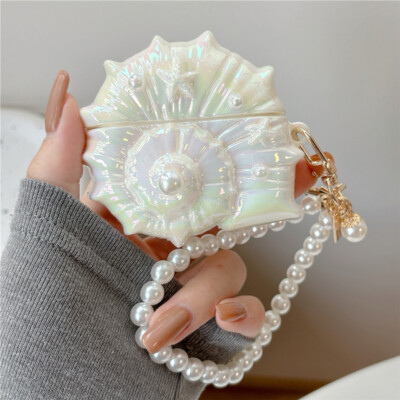 For AirPods Pro Earphone 3D Conch Shell Airpods 3/4 Protective Case+Pearl Strap