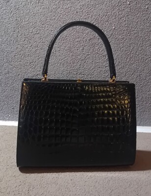 50er-'60er Jahre Handtasche Alligator schwarz, Vintage Deluxe Made in Italy 
