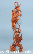 10" Old China Boxwood Carve Buddhism Female Deva Buddha Sculpture Statue