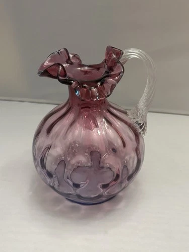 Fenton Mulberry Optic Bubble Pitcher Ruffled Neck Reeded Handle 6 1/2" Mint Cond