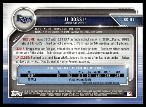 2019 Bowman Draft JJ Goss Tampa Bay Rays #BD-61 - Picture 2 of 2