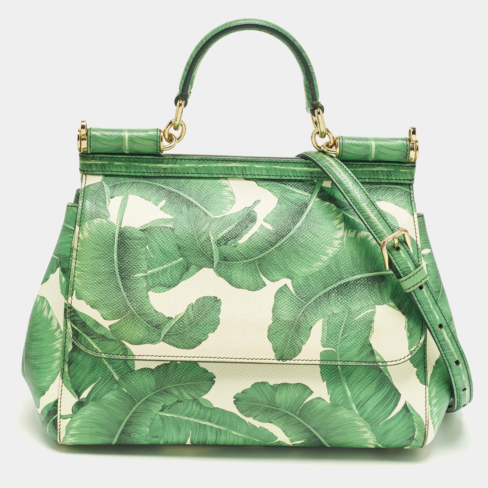 Dolce Gabbana Miss Sicily Medium GreenWhite Leather Banana Leaf Print Top