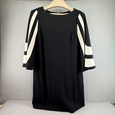 Trina Turk Dress Womens 12 Black White Graphic Bell Sleeve Wool Blend Shift Mini