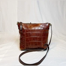 Fossil Jori Brown Croc Embossed Leather Crossbody Bag