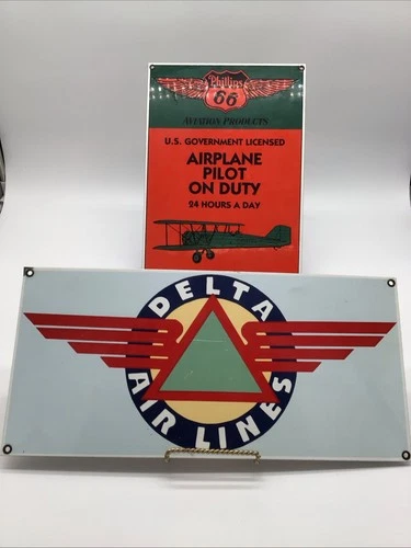 Lot Of 2 Vintage-Style Porcelain Enamel & Metal Aviation Signs/Phillips 66/Delta