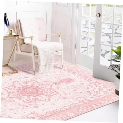 Area Rug - 3x5 Vintage Pink Honeycomb Non Slip Backing Area Rugs Soft Faux 