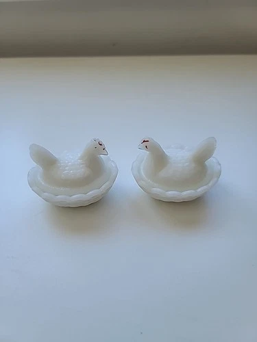 Vintage Westmoreland Glass Set  2 Hen On Nest White Milk Glass Salt Cellars 30s