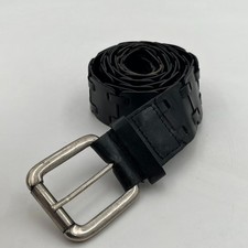 Vtg Black Leather USA Made Hinged Belt Sz 46 Silver Buckle Heavy Quality