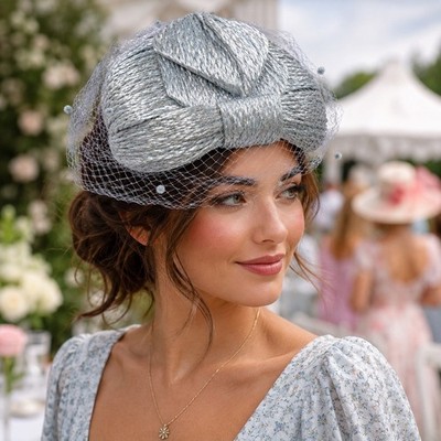 VTG Icy Blue Metallic Raffia Pillbox Fascinator Hat Birdcage Veil MCM 50s/60s