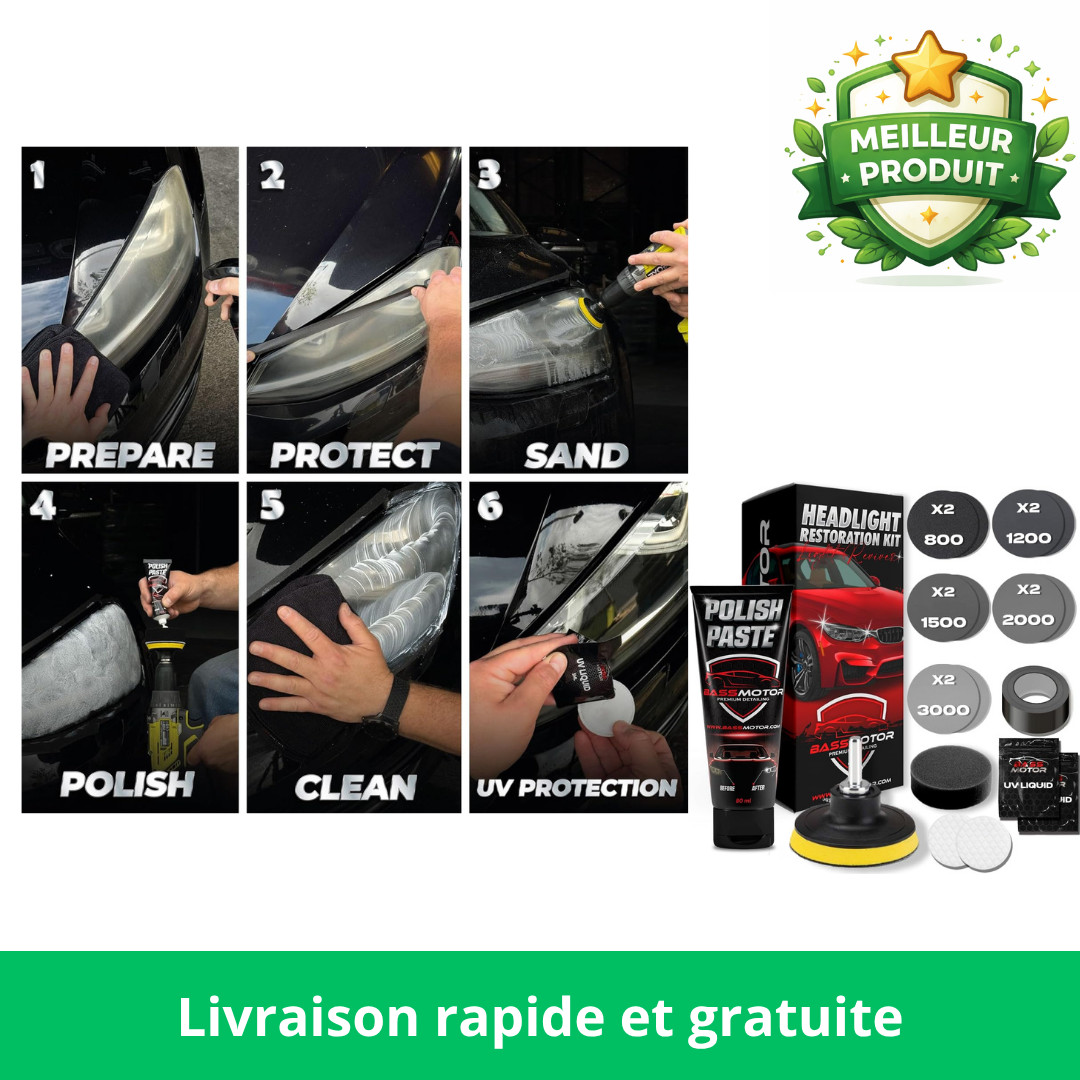 Kit polir phares usés pour effacer le jaunissement du plastique et restaurer la clarté