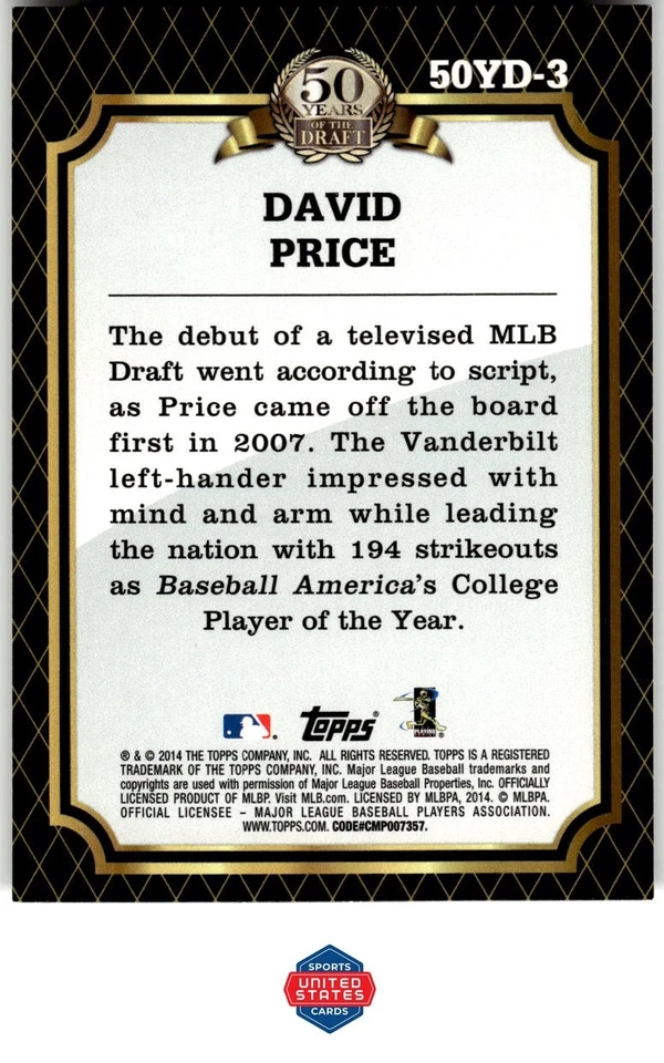 2014 Topps #50YD-3 David Price 50 Years of the Draft - Image 2 of 2