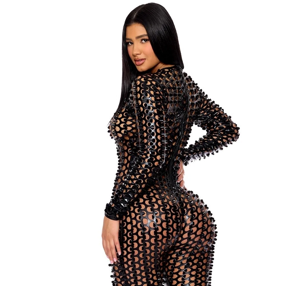 Mono recortado agujeros mangas largas cremallera trasera transparente negro 114841 M/L Foto 2 de 4