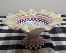 Mackenzie-Childs Odd Fellows Fluted Compote Pottery Bowl