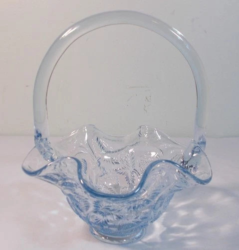 Fenton Ice Blue Ruffled Basket Strawberry & Fern Pattern  Art Glass 8"