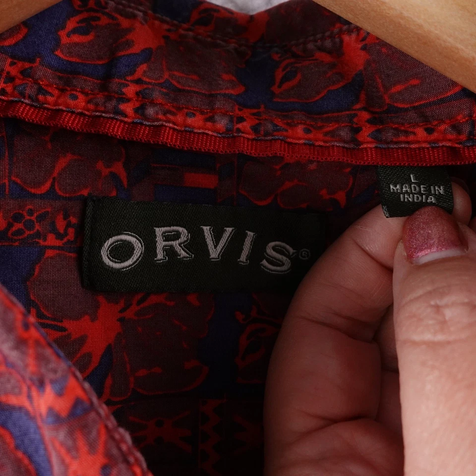 ORVIS Mens Large Red Blue Tribal Aztec Hawaiian Short Sleeve Button Up Shirt - Image 4 of 4