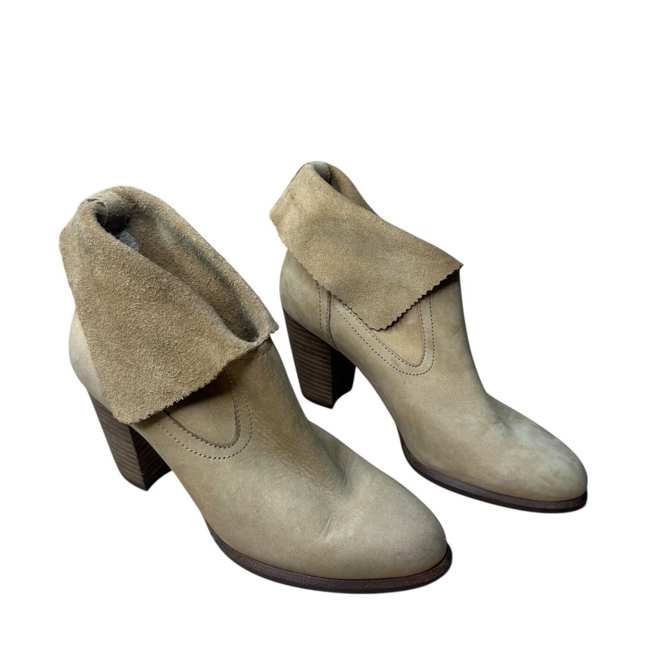 UGG Suede Ankle Boots US 7 Fold Over Cuff Block Heel Taupe Leather Booties